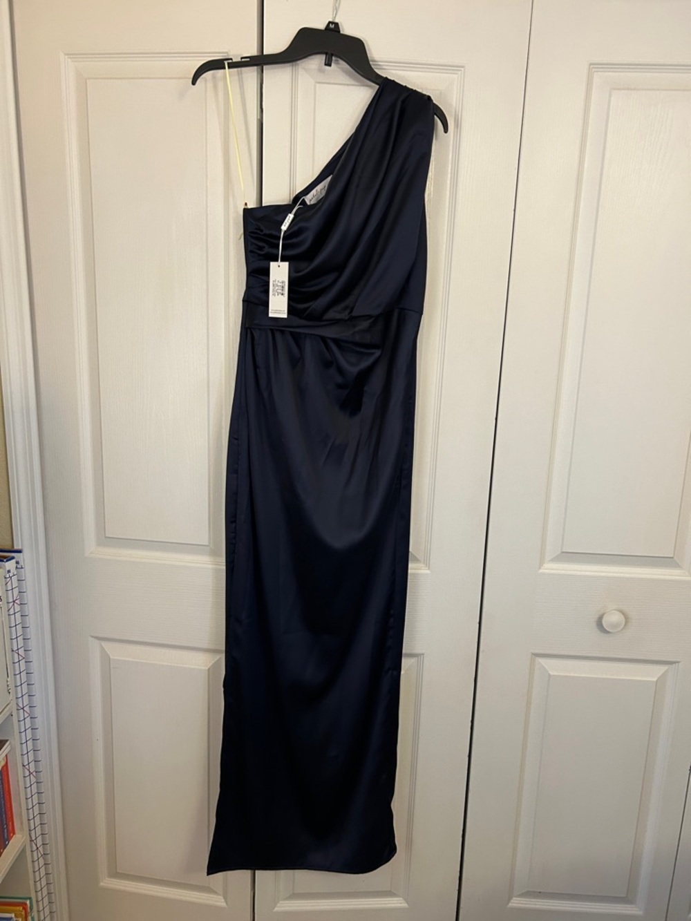 One-Shoulder “petal & pup” size 6 Navy Satin Evening Dress